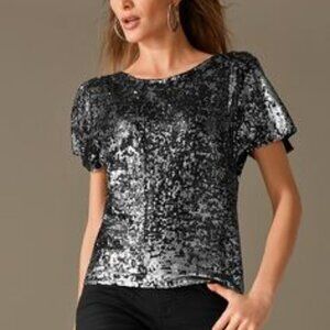 BOSTON PROPER Silver Sequined Split Sleeve Top